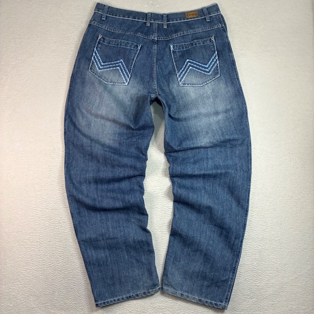 Vintage Knockout Baggy Jeans Men 38x34 Blue Faded Embroidered Denim Loose Y2K